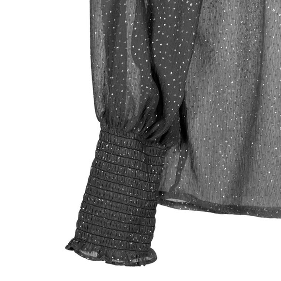 Zara Women's Blouse Gray Sparkle Button Ruffle Neck Tie Sheer Long Sleeve Top XS - Picture 10 of 10